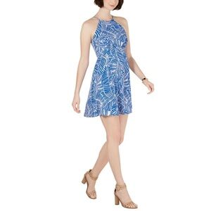 Criss Cross‎ Blue Large Leaf Print Sun Dress. Size Small